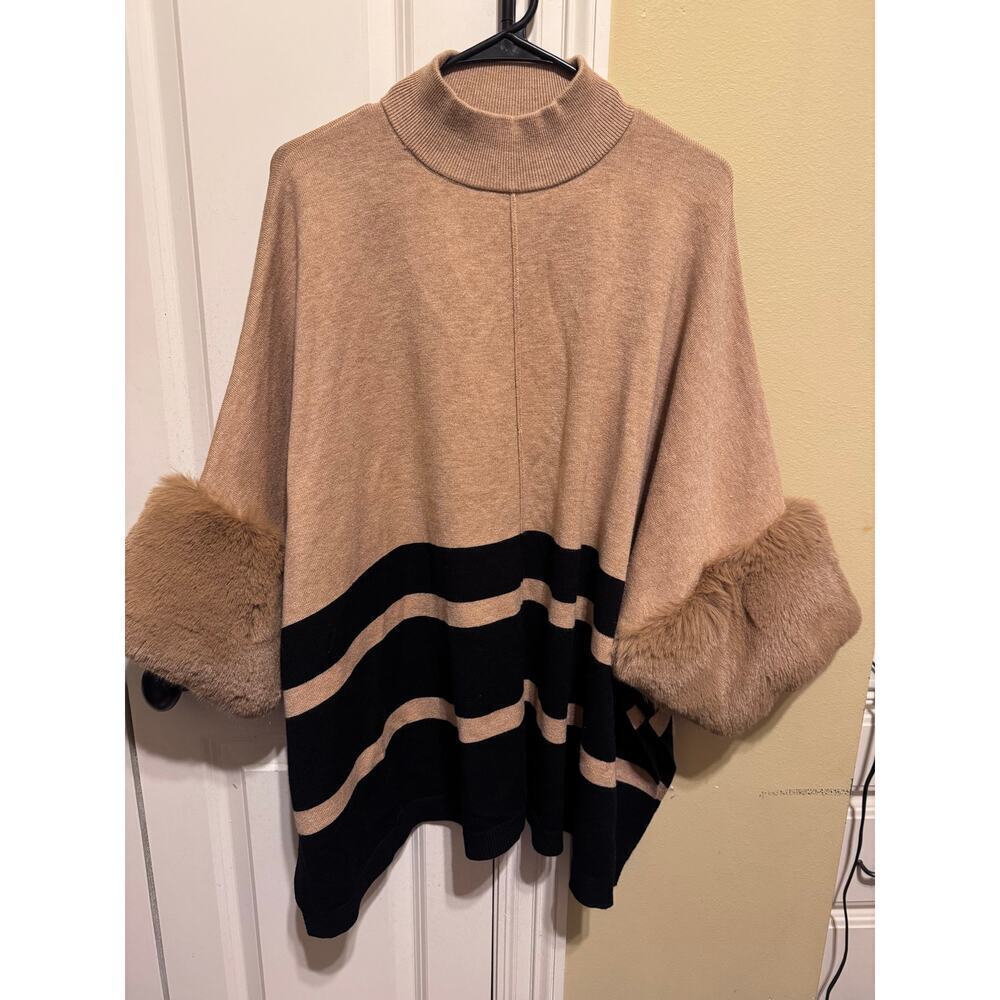 Philosophy Mock Neck Stripe Fur Cuff Poncho Sz XL - Picture 3 of 14